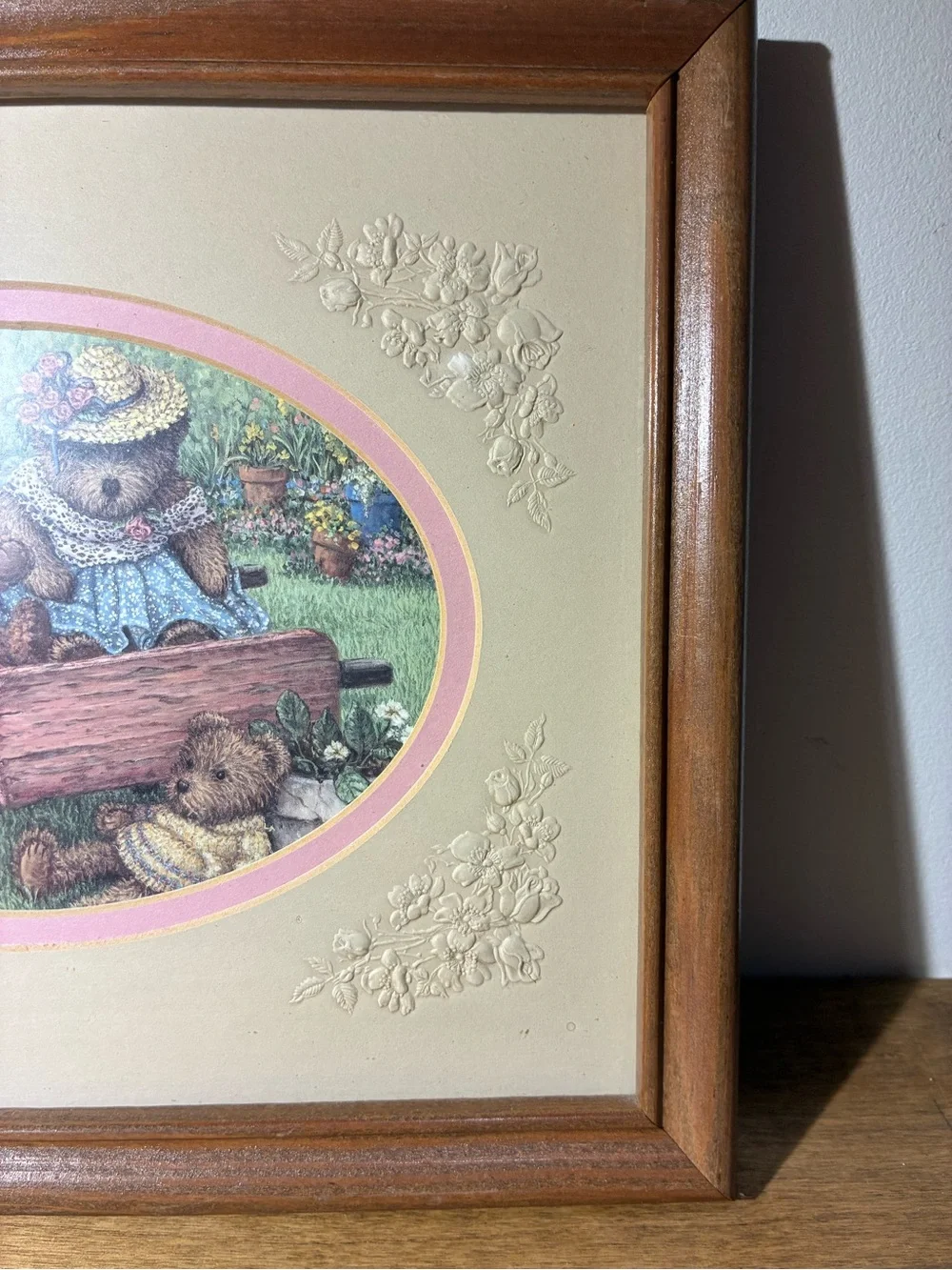 Vintage Nita Showers Teddy’s Wheelbarrow Framed Bear Art Lang 12x10